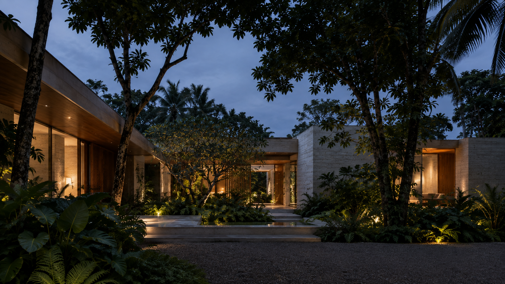 Courtyard House at dusk with warm interior light